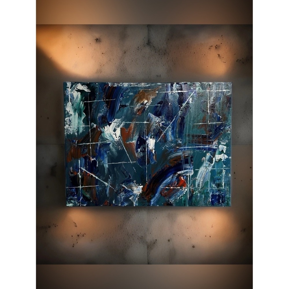 Canvas Painting Blue Red 18 x 24 Hand Painted Signed Titled A Race Against Time
